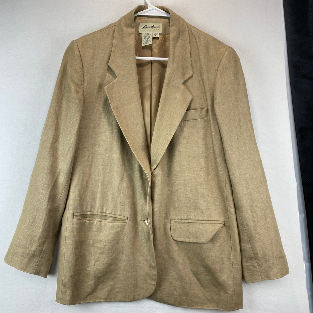 Eddie Bauer 100% Linen Blazer Women M Tan Neutral Single Button Tailored